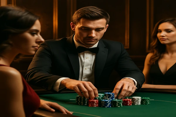 একজন নারী ল্যাপটপে অনলাইন গেম খেলায় মগ্ন থাকছেন, চারপাশে আলোকিত ক্যাসিনো পরিবেশ জেগে উঠছে